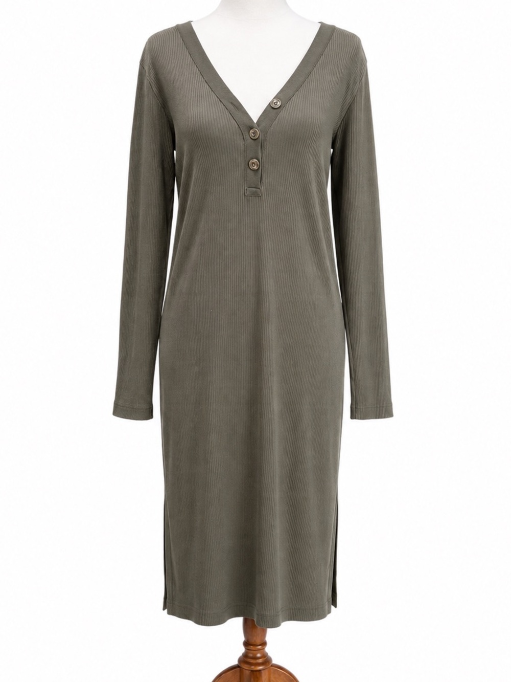 Polo Ralph Lauren Olive Green Rib-Knit Henley Dress Midi XS